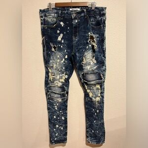 Embellish Mens Moto Biker Paint Splatter Distressed Ripped Skinny Jeans 36/32